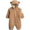 Moncler Teddy Fleece Hooded Romper In Brown