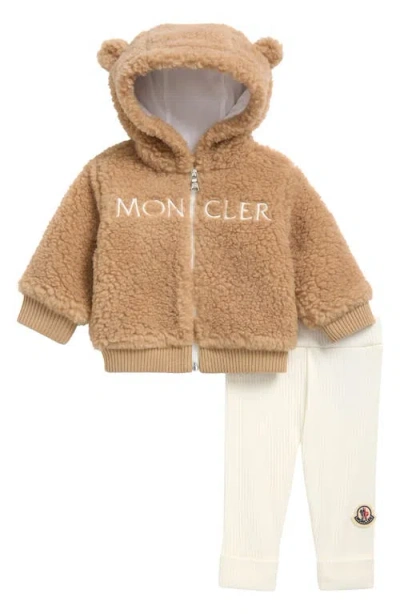 Moncler Kids'  Teddy Hooded Fleece Jacket & Leggings Set In Neutral