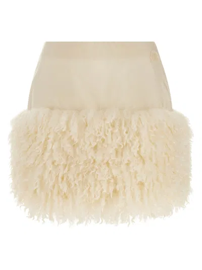 Moncler High Waist Textured Skirt With Fur Trim In Black