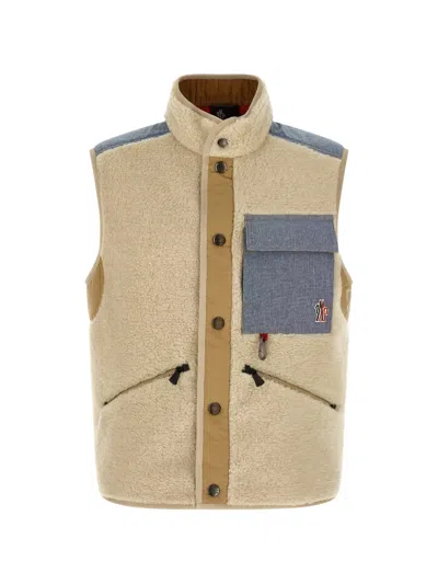 Moncler Teddy Chambray Vest High Collar Pockets In Neutral