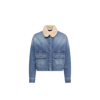 Moncler Teddy Trim Denim Shirt, Women, Blue, Size: 42