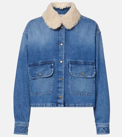 Moncler Womens Faux-shearling Collared Denim Shirt Medium Blue