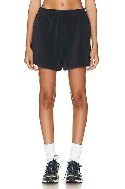Moncler Logo-patch Velour Shorts In Navy