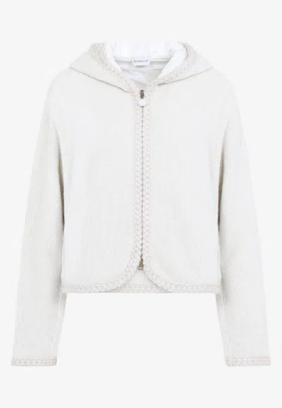 Moncler Textured Knit Zip-up Cardigan With Hood In White