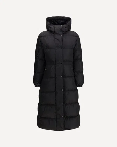 Moncler The Long Down Jacket With Hood And Wool Trims In Black