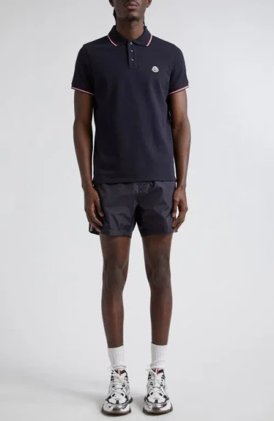 Moncler Cotton Piquet Polo Shirt With Tricolor Trim In Blue