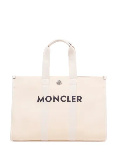 Moncler Tote Handbag With Double Handles And Logo In Panna