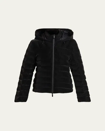 Moncler Trefle Hooded Down Velour Jacket In Black