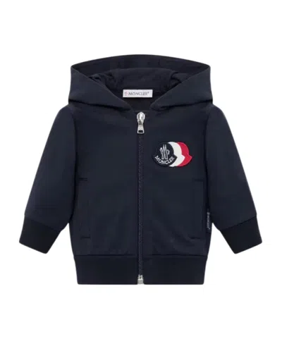 Moncler Tricolor Logo Cotton Zip-up Hoodie In Black