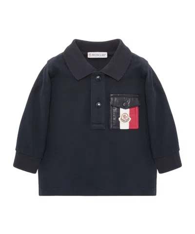 Moncler Tricolor Long Sleeve Cotton Piquet Polo Shirt In Blue