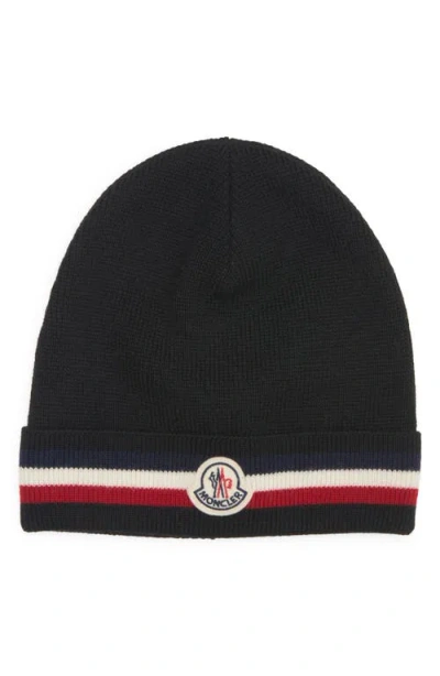 Moncler Tricolor Stripe Ribbed Wool Beanie In Black