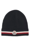 Moncler Tricolor Stripe Ribbed Wool Beanie In Navy Blue