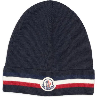 Moncler Tricolor Stripe Virgin Wool Beanie In Blue