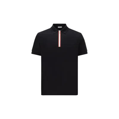 Moncler Tricolor Trim Cotton Piquet Polo Shirt Blue