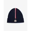 Moncler Dark Blue Tricolour-trim Knitted Cotton Beanie Hat In Blue