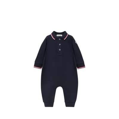 Moncler Kids' Barboteuse En Piqué De Coton À Bords Tricolores In Black