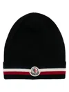 Moncler Tricolor Stripe Ribbed Wool Beanie In Black