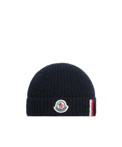 Moncler Tricolour-trimmed Wool Beanie In Blue