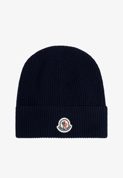 Moncler Tricot Beanie With Logo Patch In Navy
