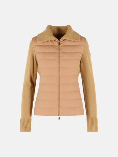 Moncler 'tricot' Camel Virgin Wool Cardigan In Beige