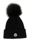 Moncler Ribbed Knit Wool Beanie With Faux Fur Pom-pom In Black