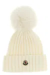 Moncler Virgin Wool Rib Beanie With Faux Fur Pompom In White