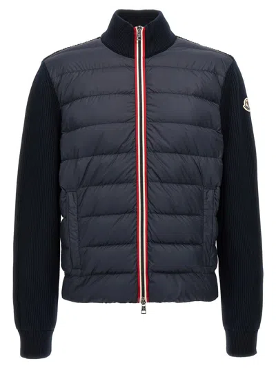 Moncler High Collar Quilted Front Ribbed Sleeves In Blue