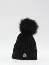 Moncler Ribbed Knit Wool Beanie With Faux Fur Pom-pom In Black