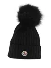 Moncler Ribbed Knit Wool Beanie With Faux Fur Pom-pom In Black