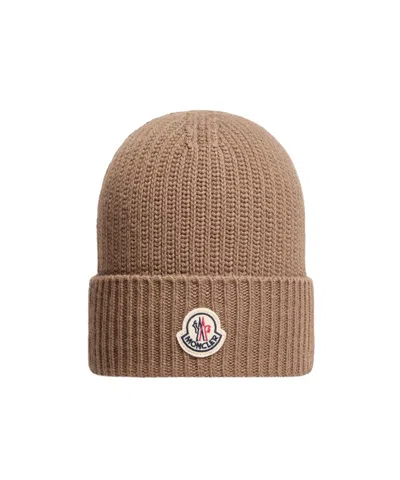Moncler Tricot Wool Blend Beanie In Brown