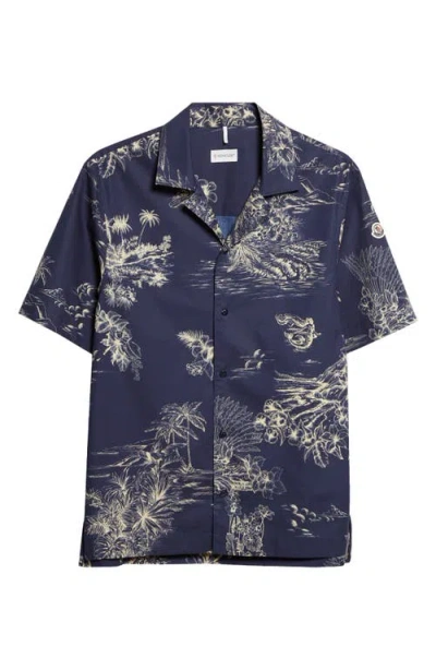 Moncler Tropical Print Short Sleeve Cotton Poplin Snap-up Shirt In Blue