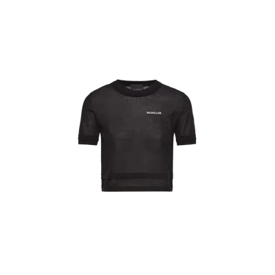 Moncler T-shirt En Coton À Double Bordure, Femme, Bleu, Taille: Xs In Black