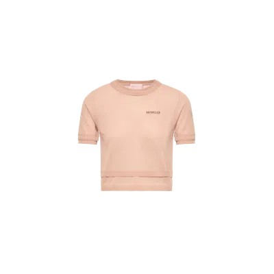 Moncler T-shirt En Coton À Double Bordure, Femme, Rose, Taille: Xs In Pink