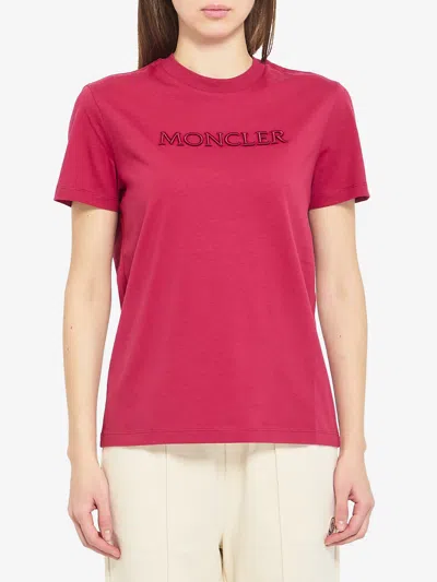 Moncler Cotton Tshirt With Logo In Burgundy