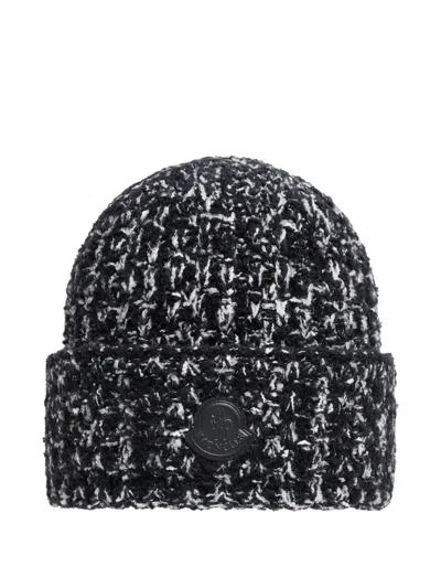 Moncler Tweed Logo-patch Beanie In Black