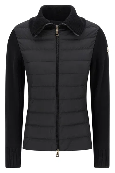 Moncler Two-material Cardigan With Goose Down Padding And High Neck In Black