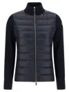 Moncler Two-material Cardigan With High Neck And Zip Closure In Blue