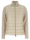 Moncler Quilted High Neck Two-material Cardigan With Feather Padding In Neutral