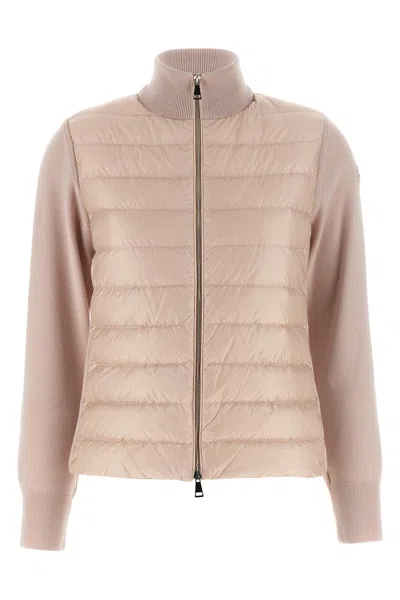 Moncler Two-material Cardigan Featuring Quilted Front In Pink