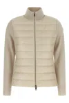 Moncler Quilted High Neck Two-material Cardigan With Feather Padding In Sand