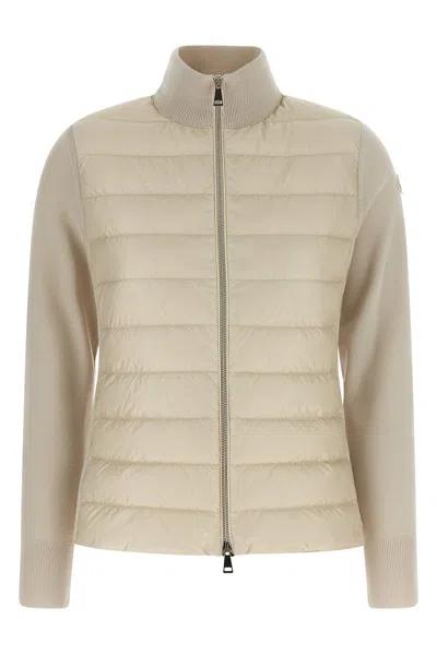 Moncler Quilted High Neck Two-material Cardigan With Feather Padding In Neutral