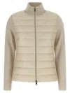 Moncler Quilted High Neck Two-material Cardigan With Feather Padding In Neutral