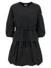 Moncler Black Dress With Elastic Waist And Logo Patch On The Sleeve In Tech Fabric Woman