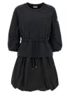 Moncler Black Dress With Elastic Waist And Logo Patch On The Sleeve In Tech Fabric Woman