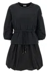 Moncler Black Dress With Elastic Waist And Logo Patch On The Sleeve In Tech Fabric Woman