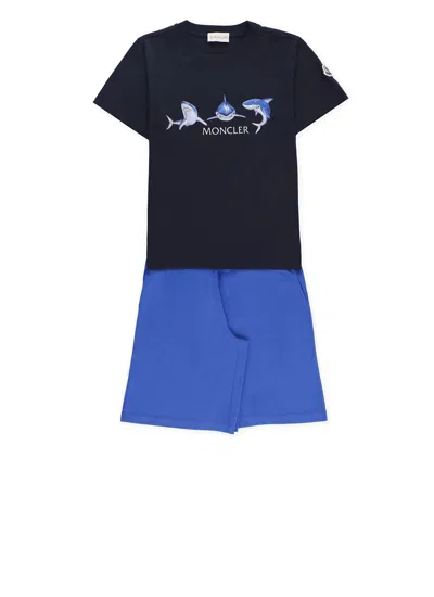 Moncler Kids' Two Pieces Jumpsuit With Logo In Blue