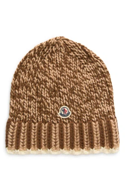 Moncler Two-tone English Rib Wool Blend Beanie In Brown