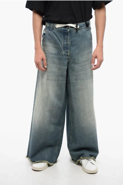 Moncler Ultra Wide Leg Denims With Fringed Details In Brown