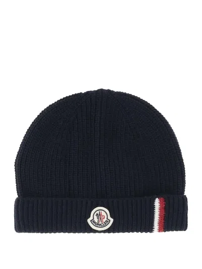 Moncler Unisex Mini Beanie In Soft Virgin Wool In Blue