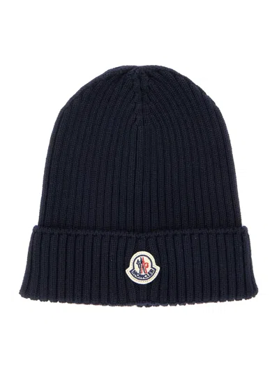 Moncler Unisex Wool Logo Beanie Hat In Blue